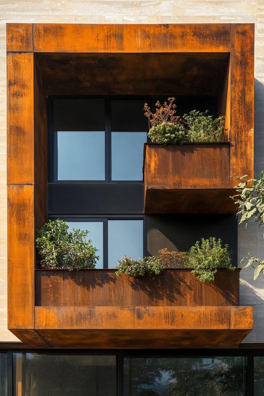 modern house geometric facade with rusted metal balcony planters