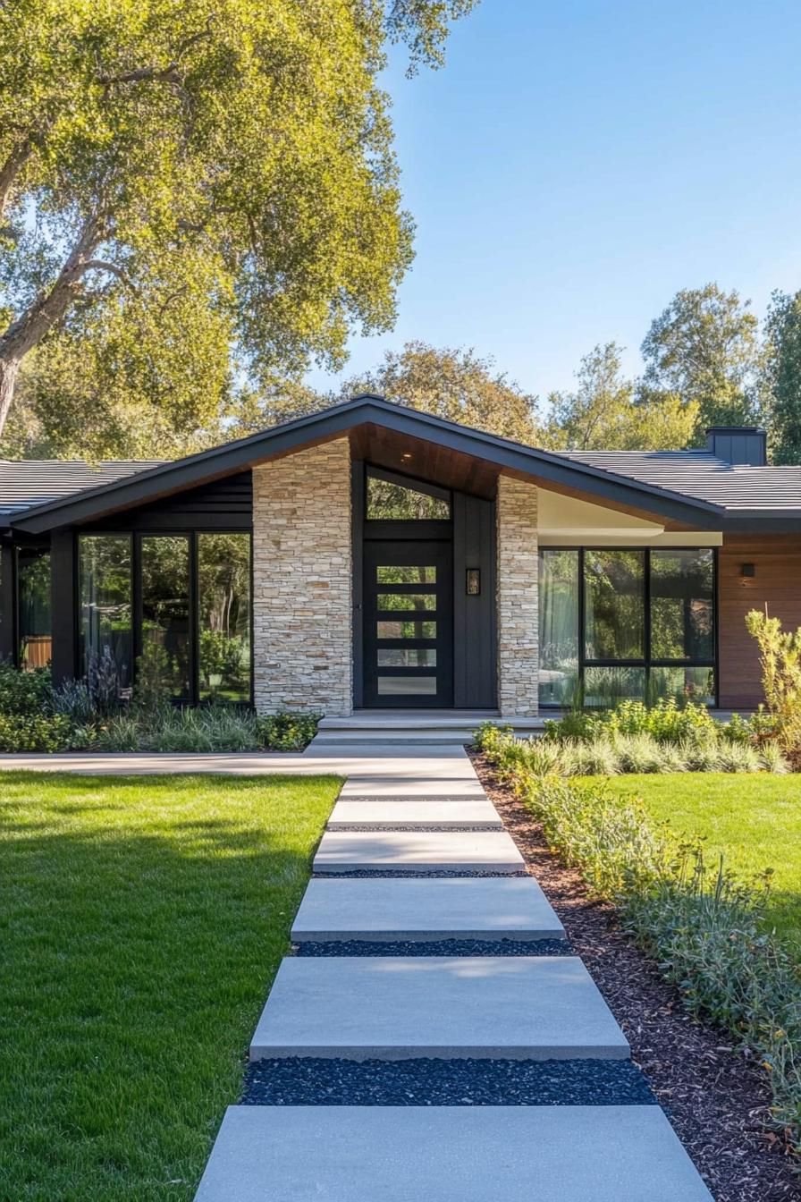 Modern ranch house with stone and glass facade