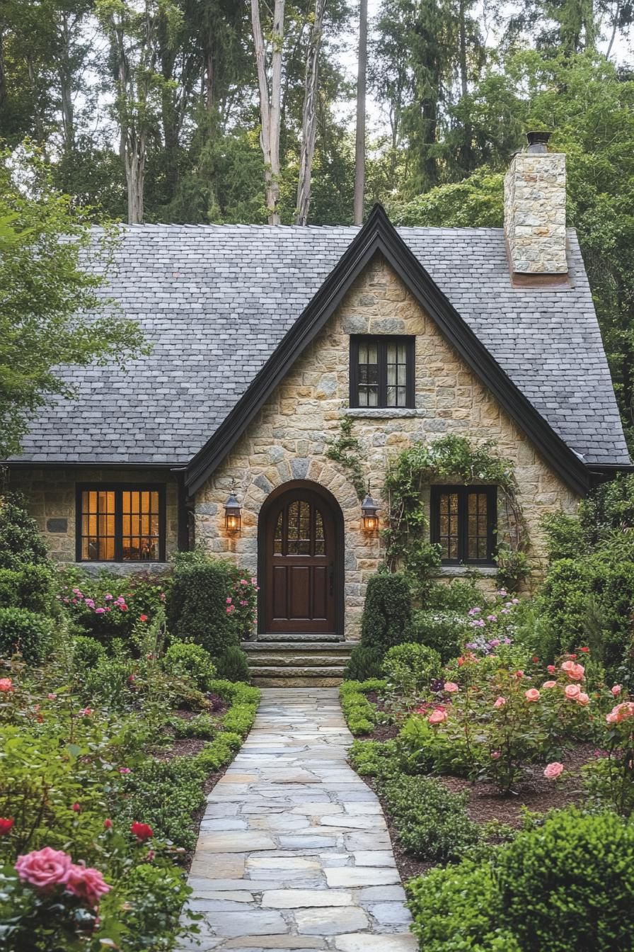 Quaint stone cottage nestled amidst lush greenery and vibrant flowers