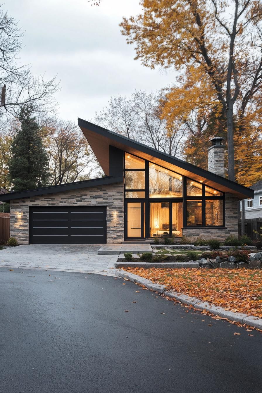 Modern house with a striking slanted roof in a fall setting