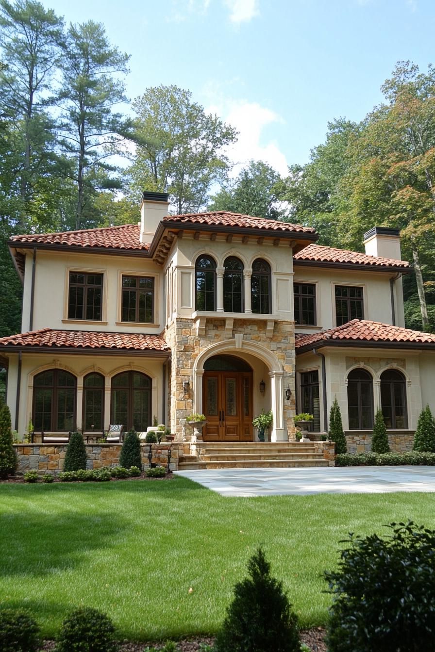 Elegant two-story house with arched windows and red-tiled roof