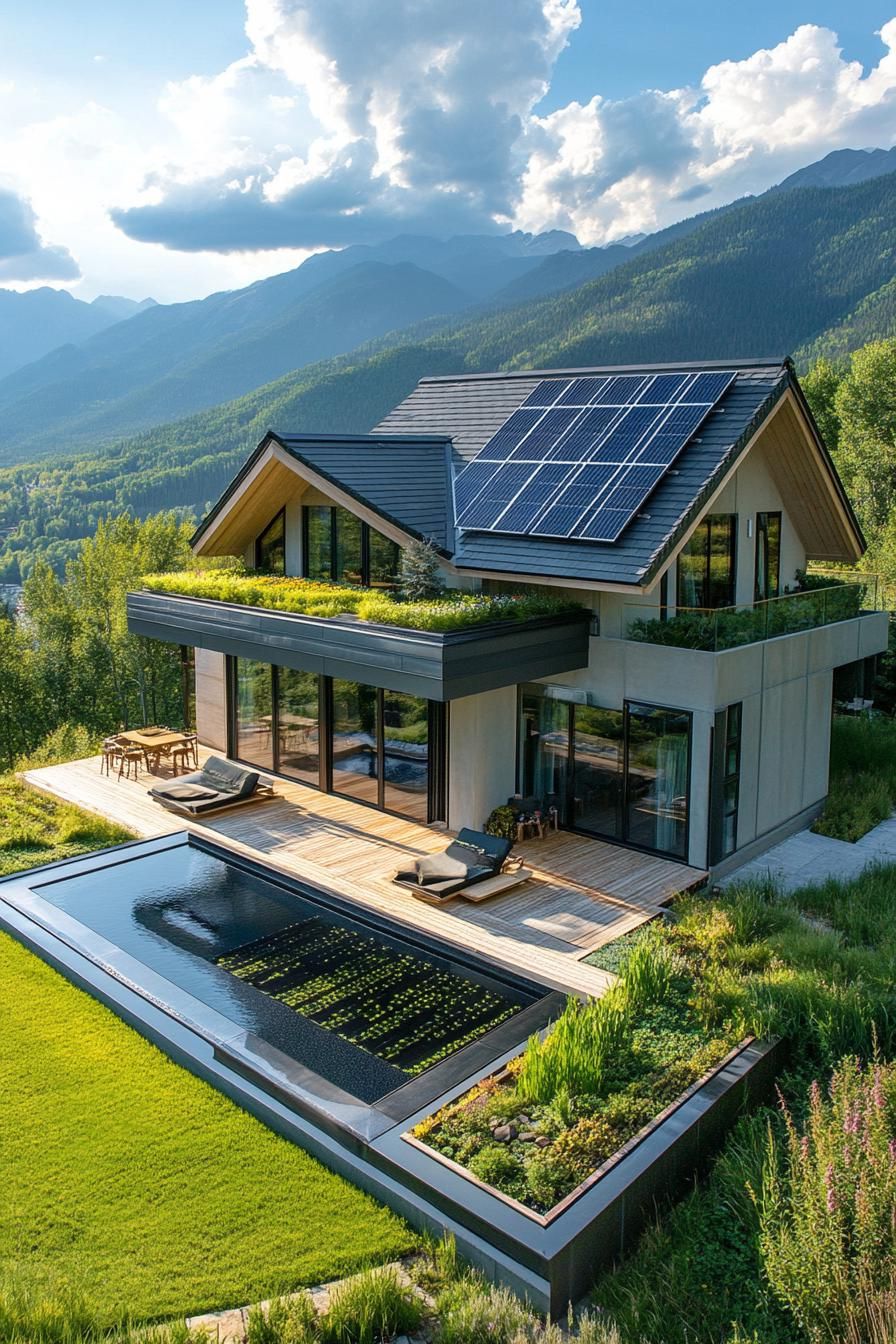 aerial view of a modern sustainable house with gabled green living roof with solar panels full wall windows large deck with built in gardens pond 3