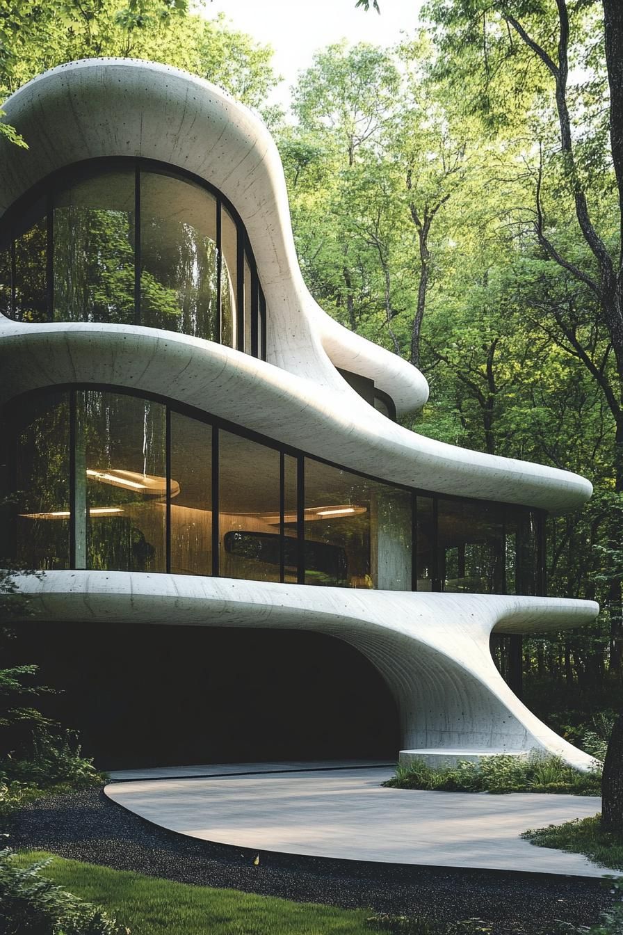 Futuristic home with organic curves nestled in a forest