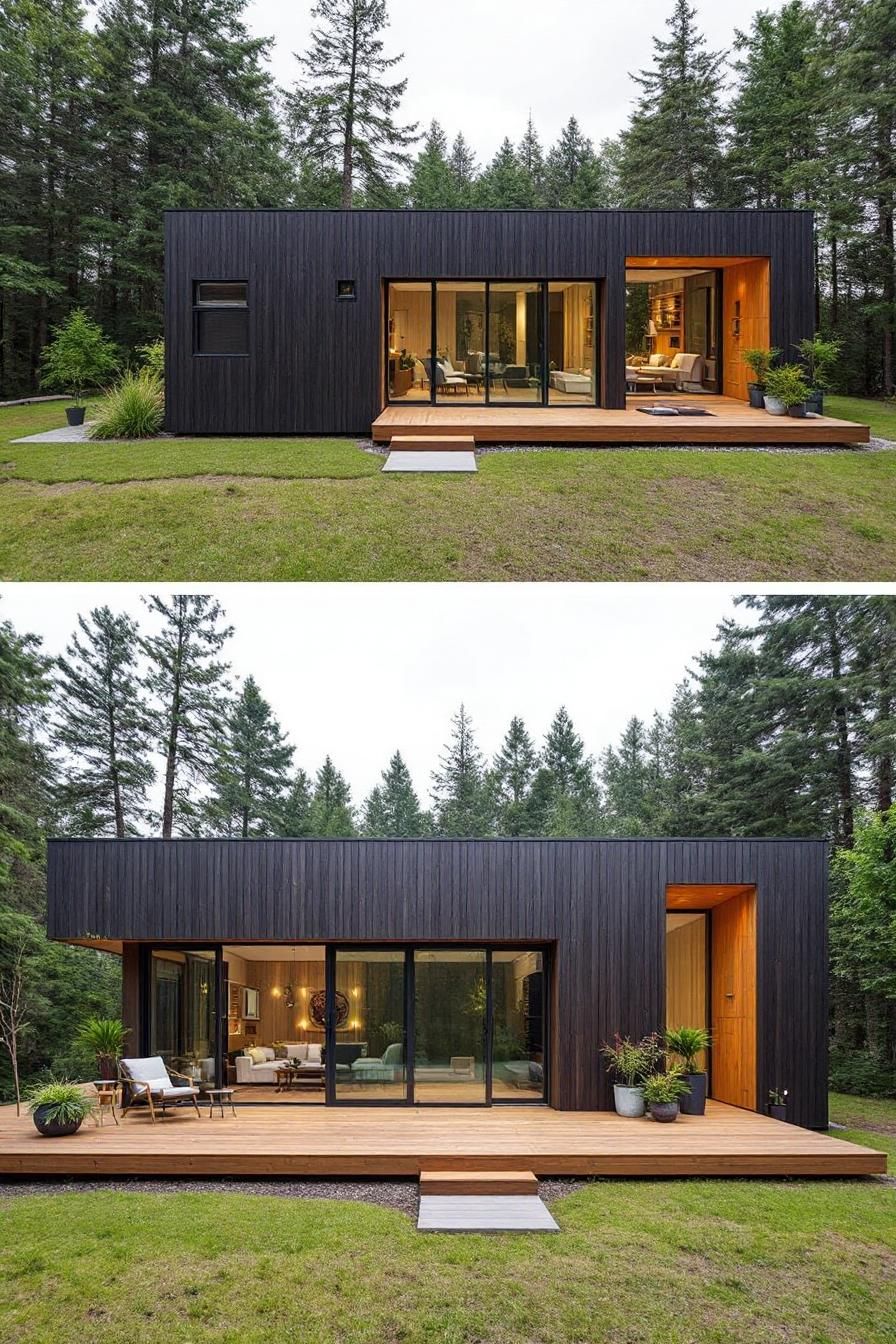 Sleek modern cabin with wooden accents surrounded by trees