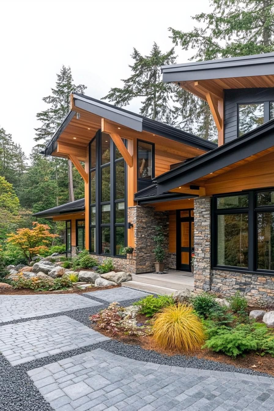 contemporary house exterior with stone mosaic and natural wood siding exposed beams multi pitch roof black metal roof large modern windows front 3