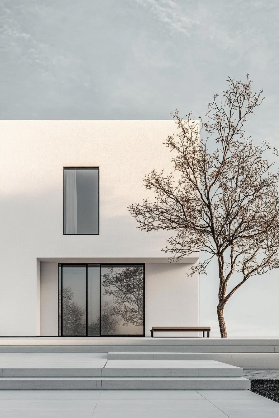 Modern white minimalist house with large windows