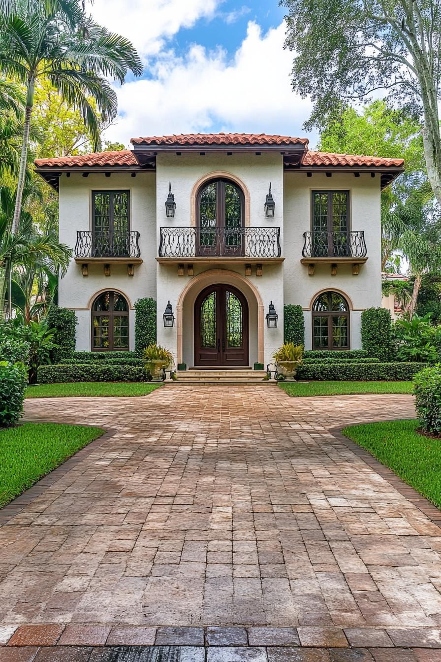 Mediterranean villa with arched doorway and balconies