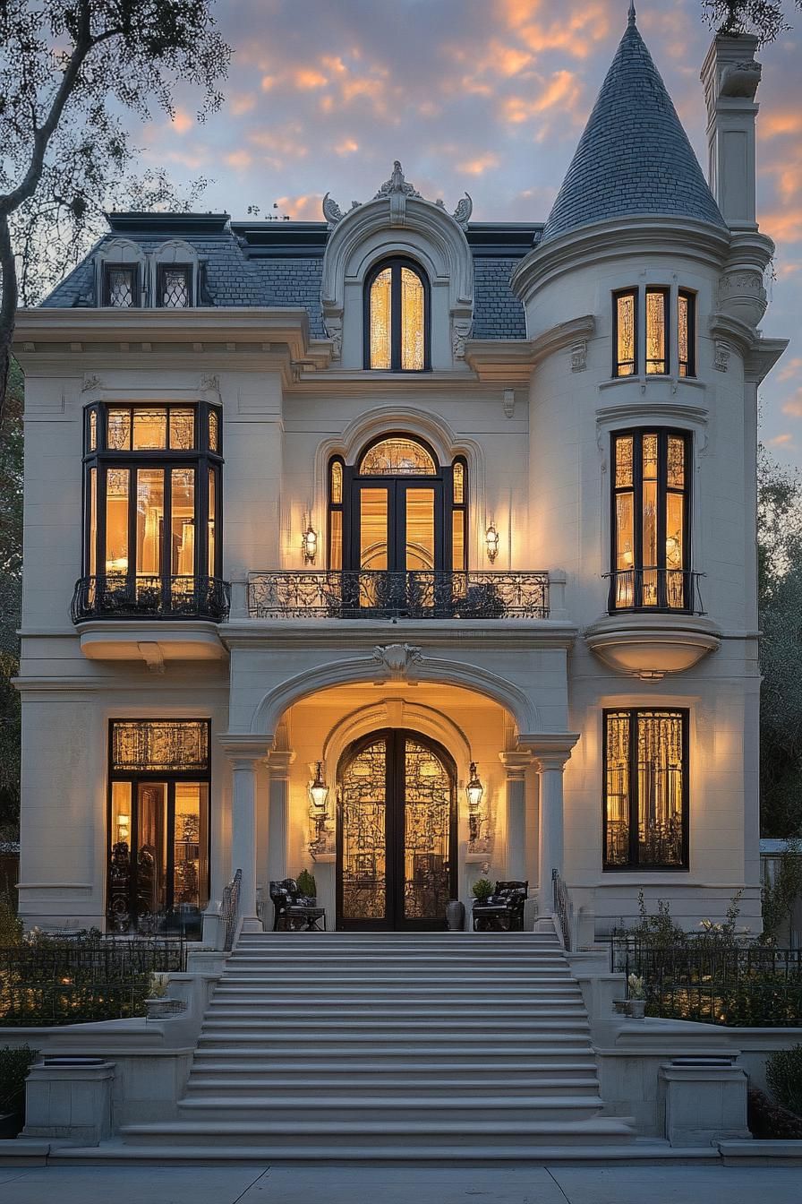 Victorian mansion symmetrical facade with turrets many arched windows creamy stucco front iron balcony 2