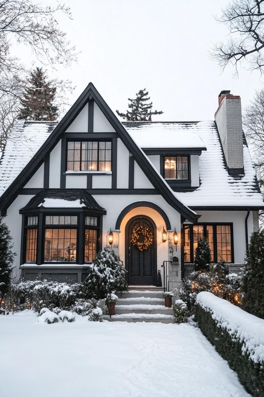 modern cottage with white siding and dark grey tudor style detailing arched porch and entry door with a wreath large windows in white trim snow on