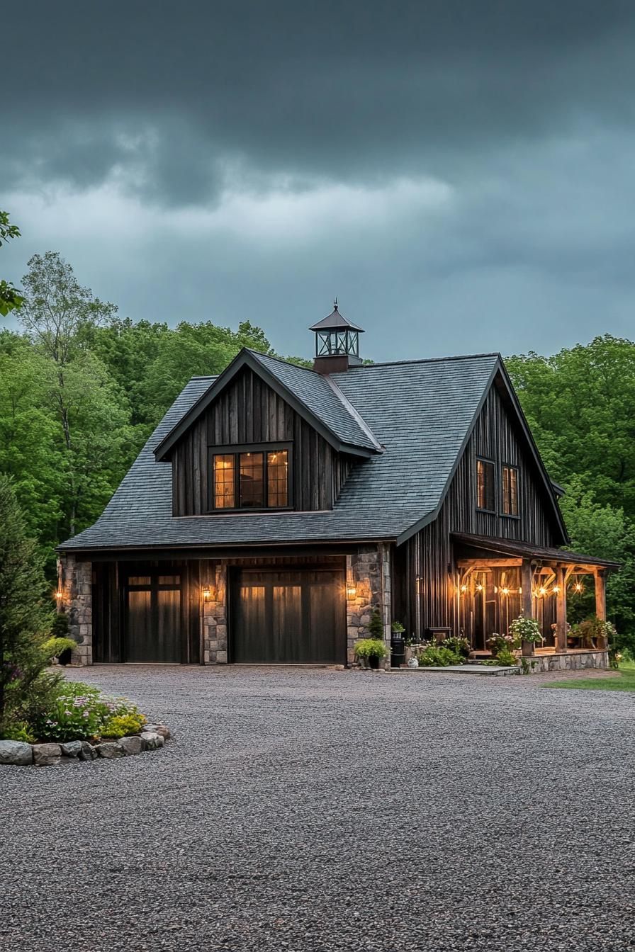 countryside barn style house with dark wood siding grey stone roof tile roof with gables front porch with post beams theres a large carport and 1