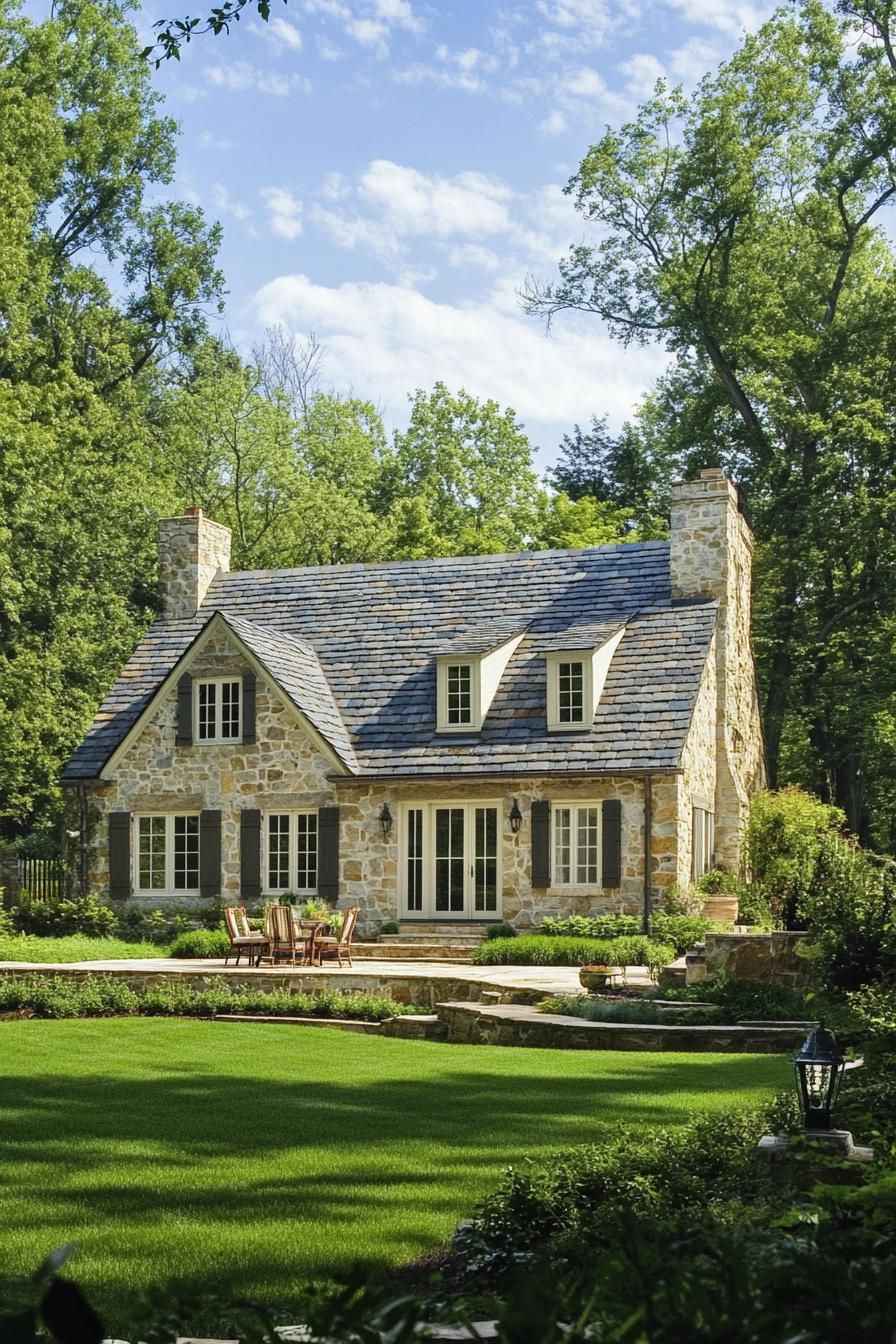 Charming stone cottage surrounded by lush greenery