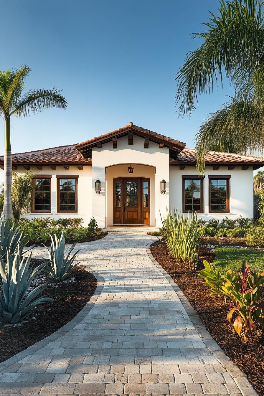 White bungalow with a terracotta roof surrounded by lush plants