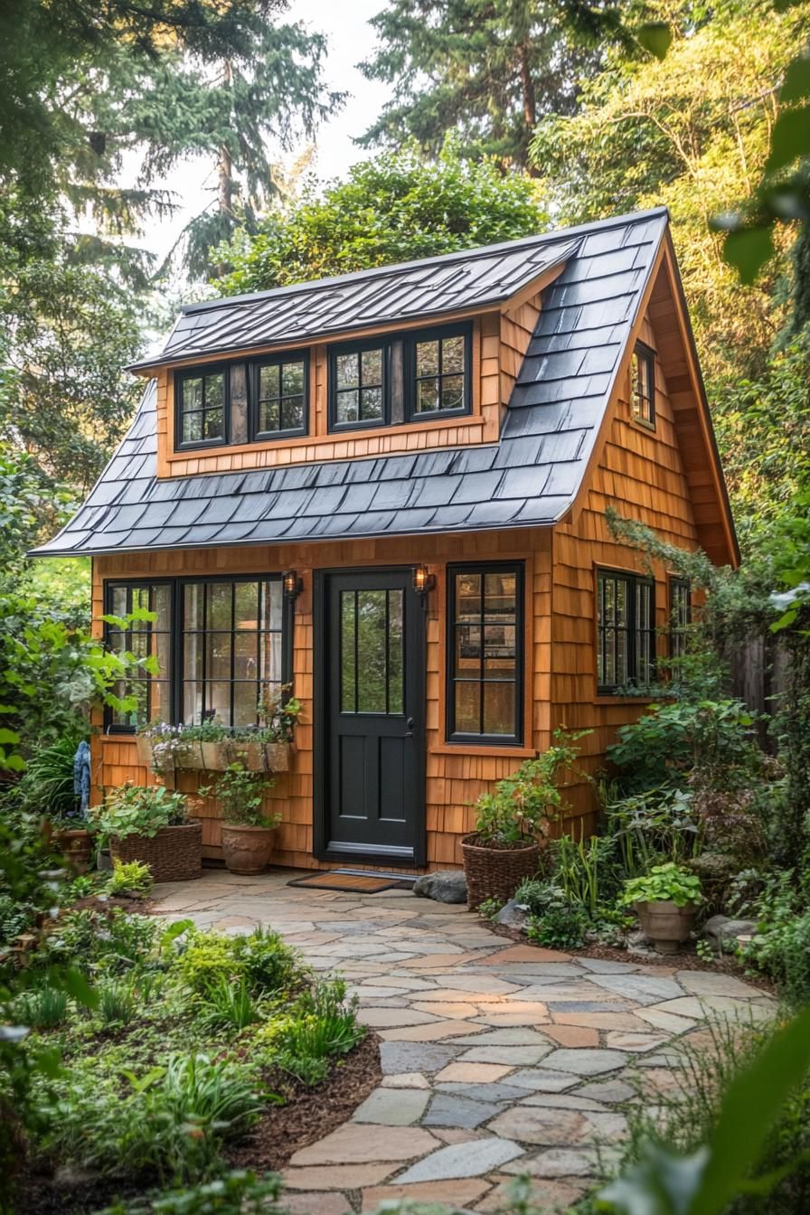 Cozy two-story cedar shed house nestled in lush greenery