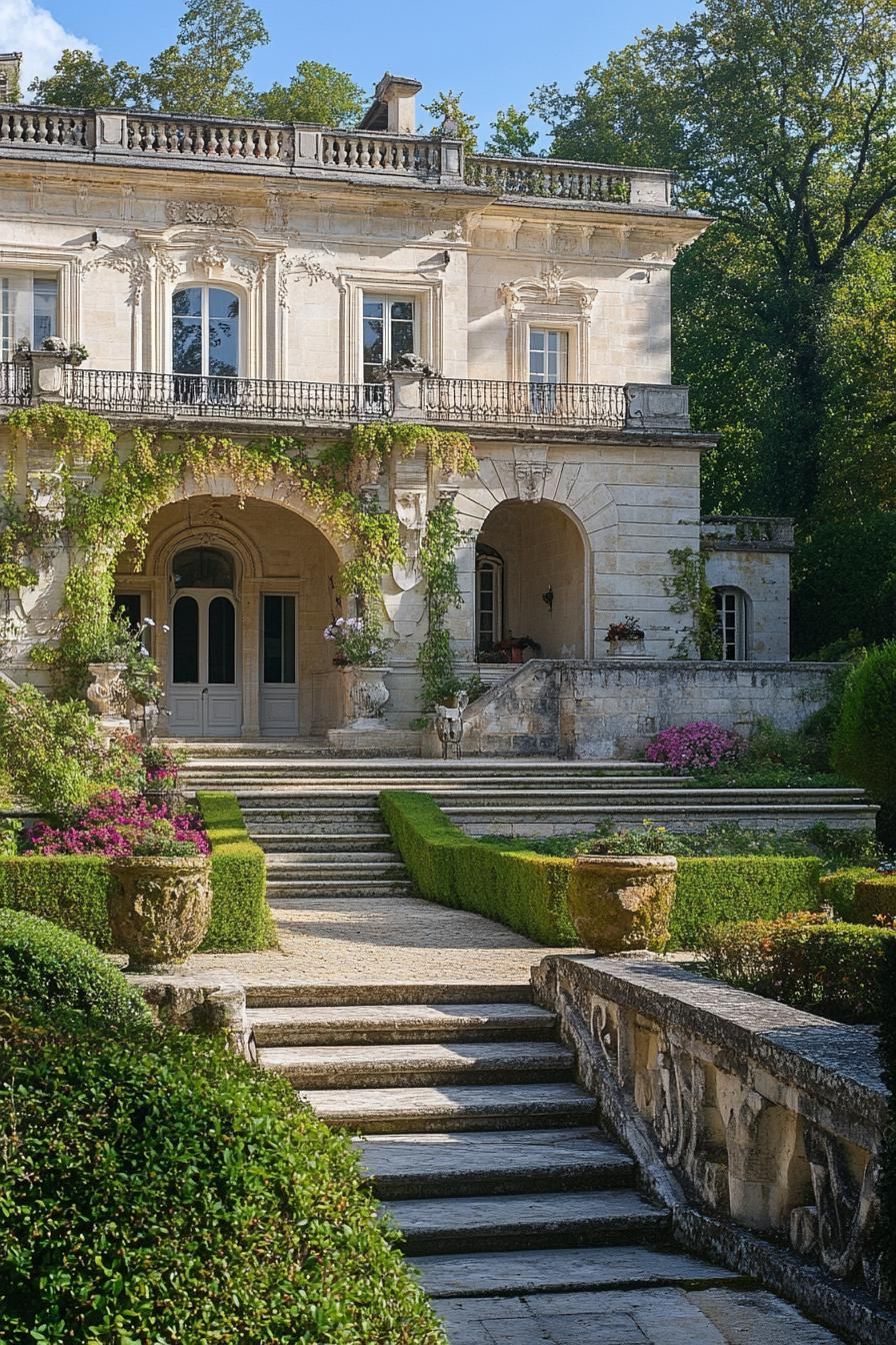 french manor with arched doorways facade with detailing and vines high steps with balustrade railings lead to the manor below is a large garden 3