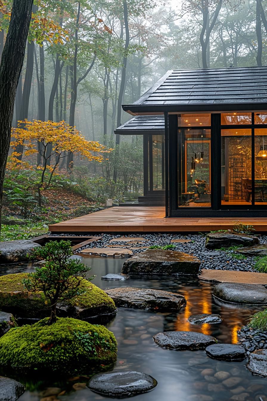 Tranquil Japanese courtyard with a stream and serene surroundings