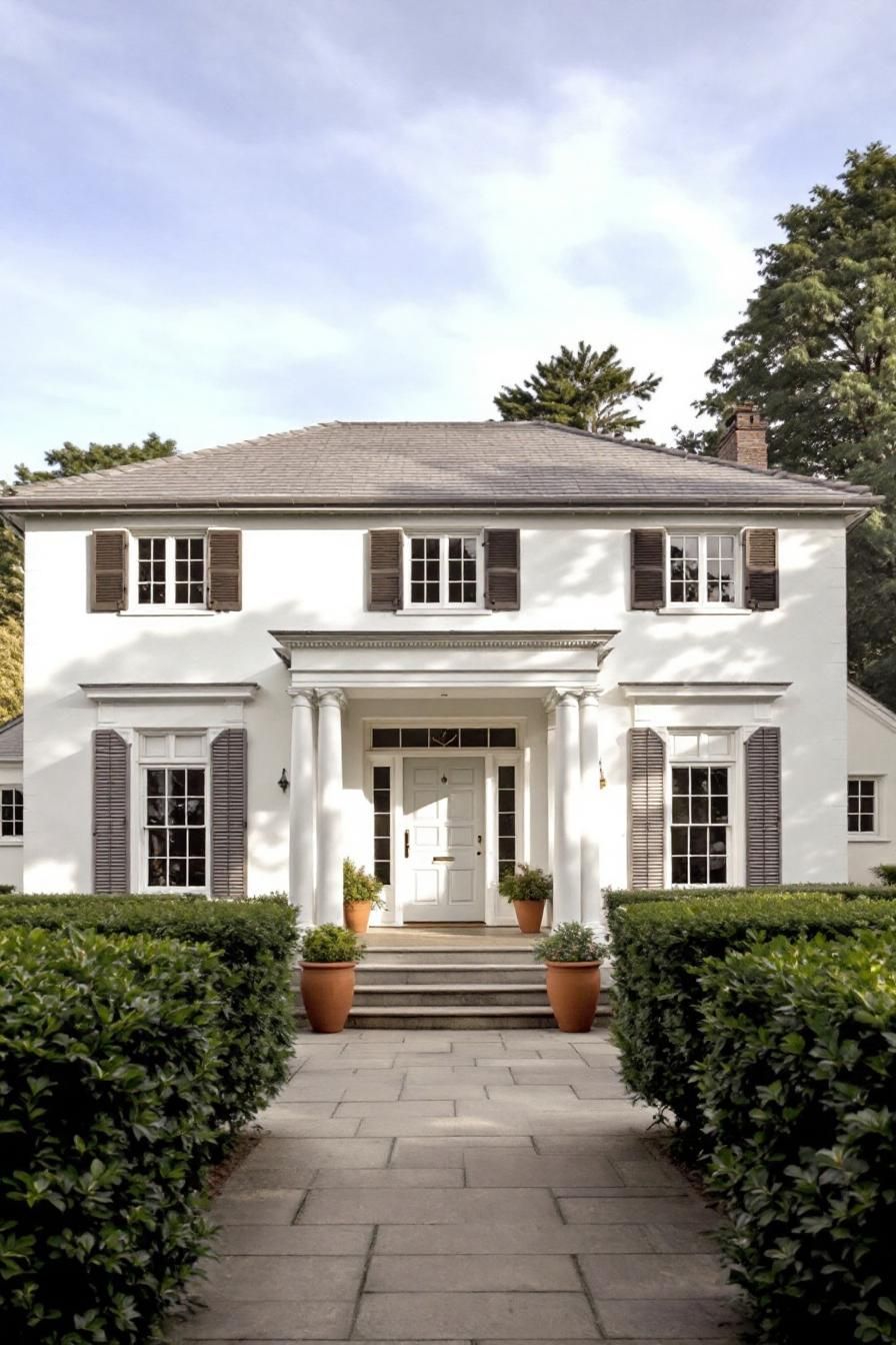 White Georgian home with columns and a pathway flanked by lush greenery