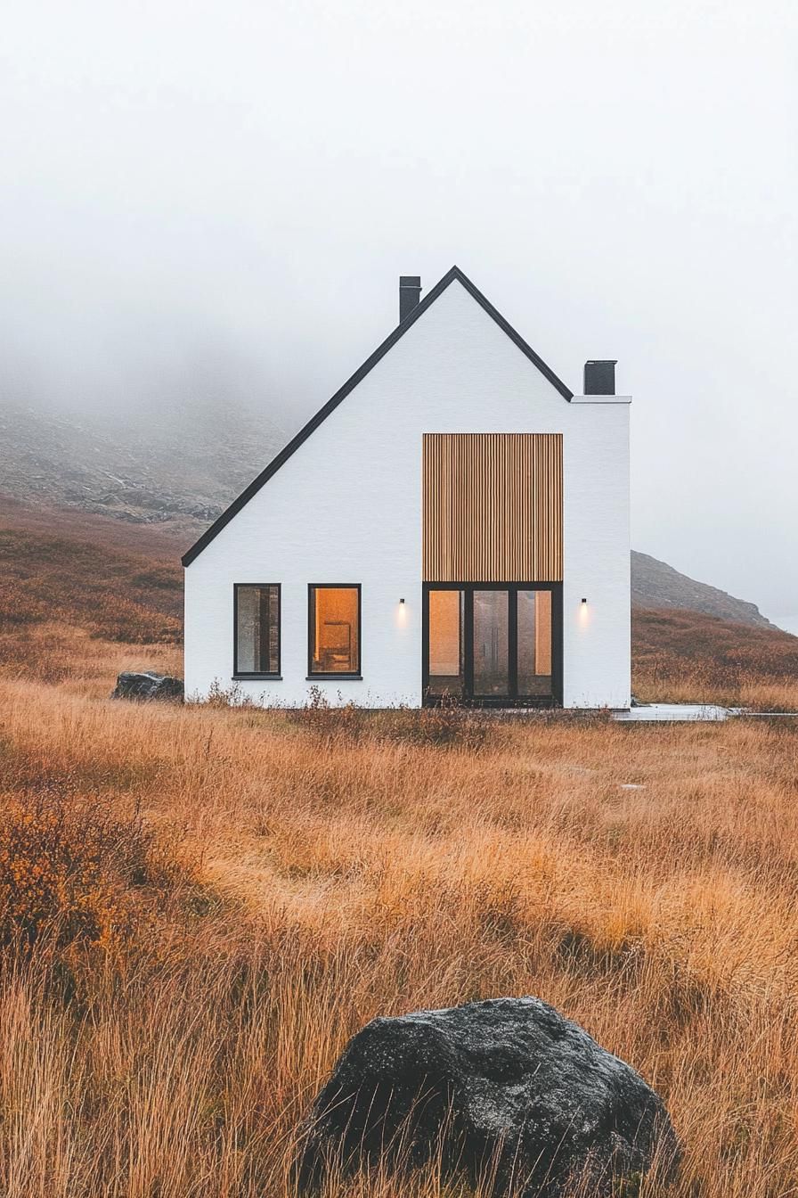 Modern house with wooden facade in foggy landscape