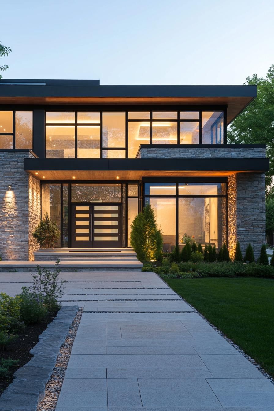 Modern house with glass walls and stone facade