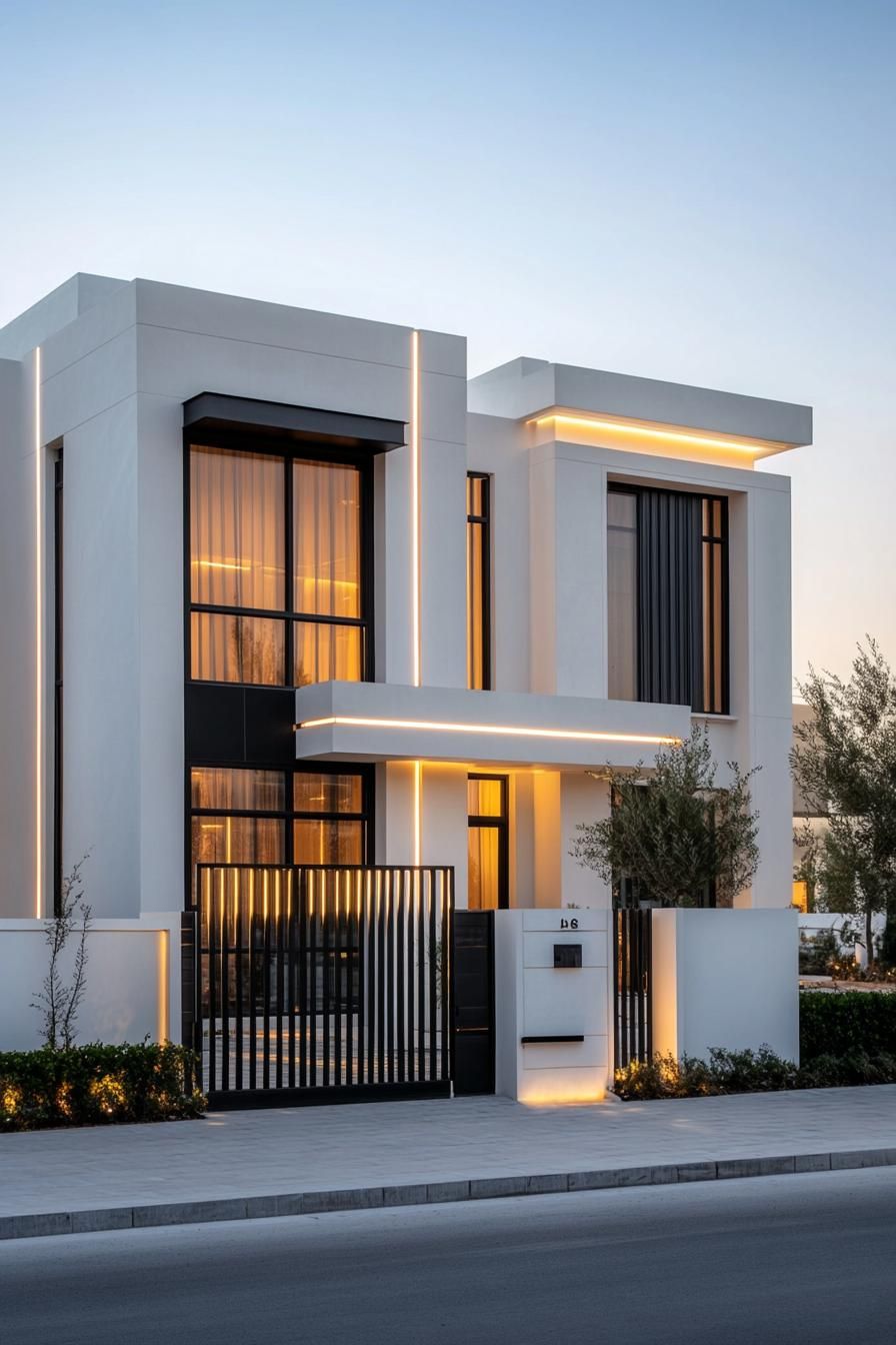 front view of a modern white villa black accents small modern windows narrow LED lit stripe accents the house is behind a tall white concrete 1