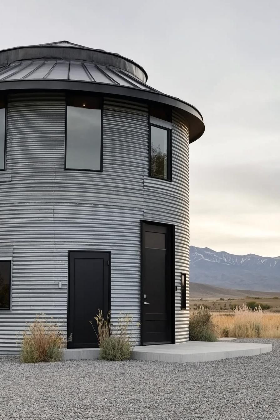 modern house built from a grain silo corrugated metal siding black door and black trim modern windows black roof trim gravel yard mountain range 3