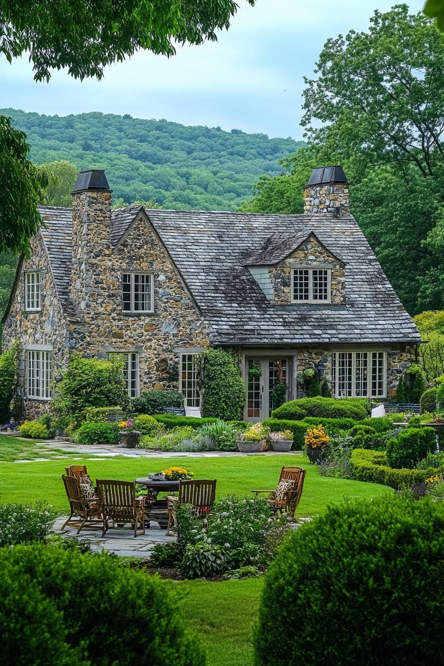 english country cottage with stone siding gabled roof with dormers and chimneys front yard garden lawn with garden furniture surrounded with bushes 1