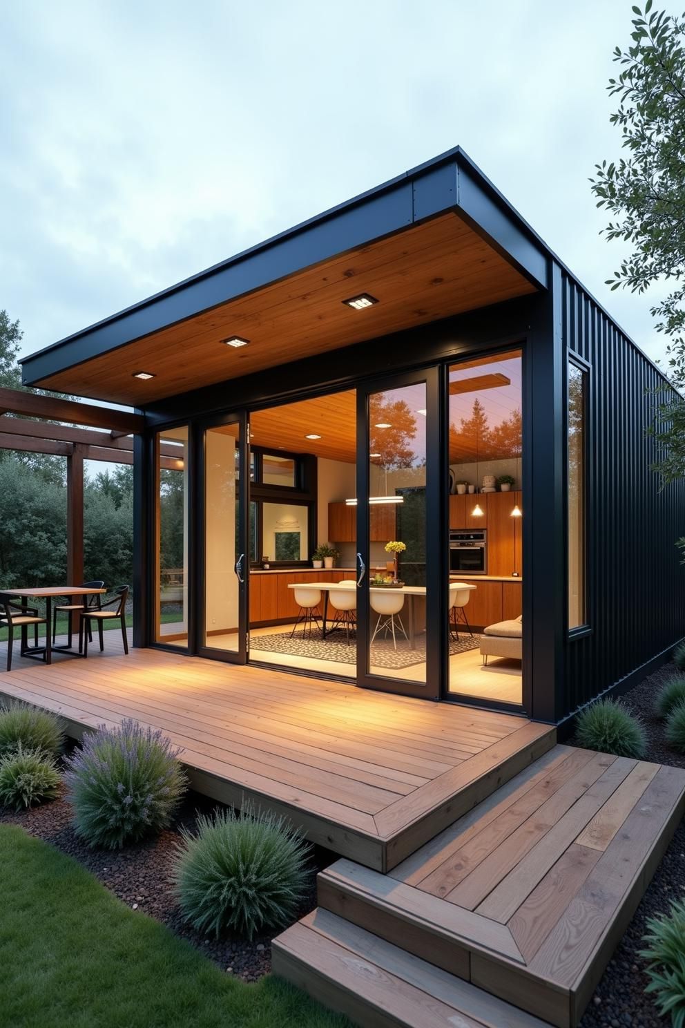 Modern tiny house with large glass doors and wooden deck