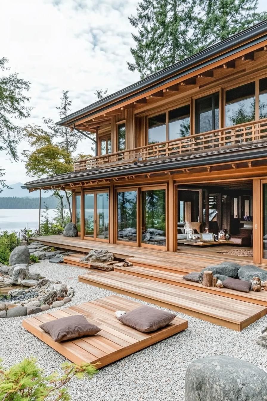 Modern Japanese-style house with wooden decks and garden view