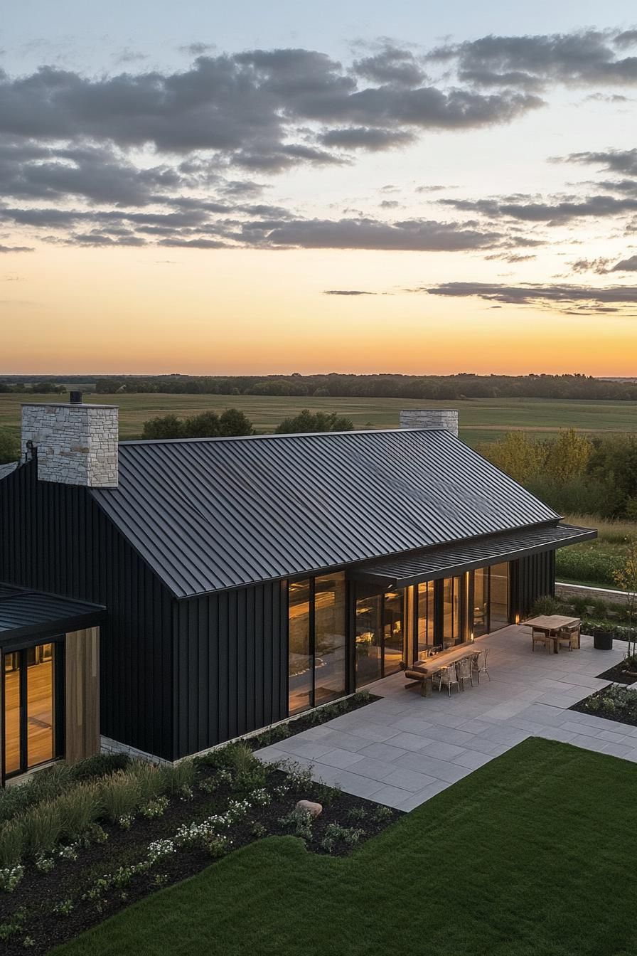 Modern ranch house with sunset and open fields