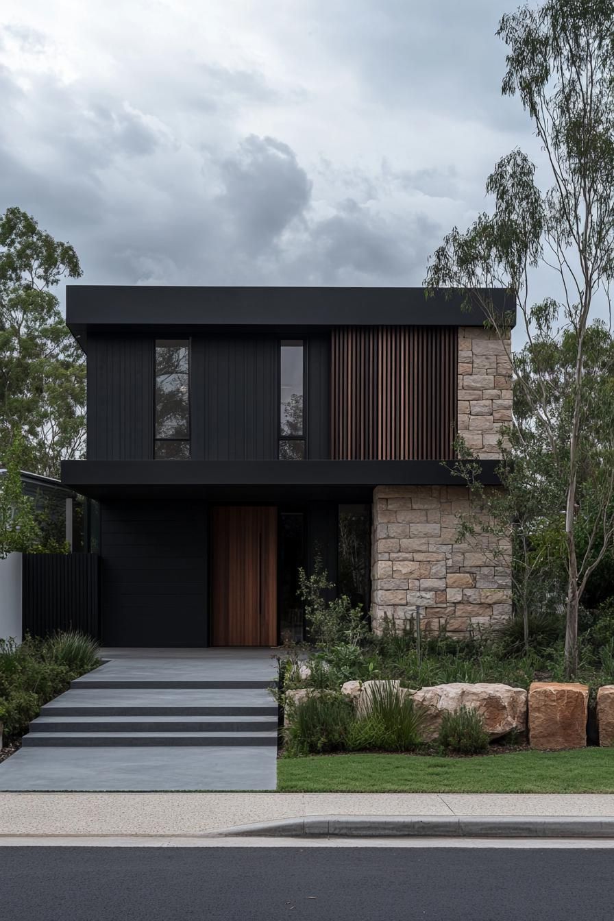 Modern house with a stone facade and lush greenery