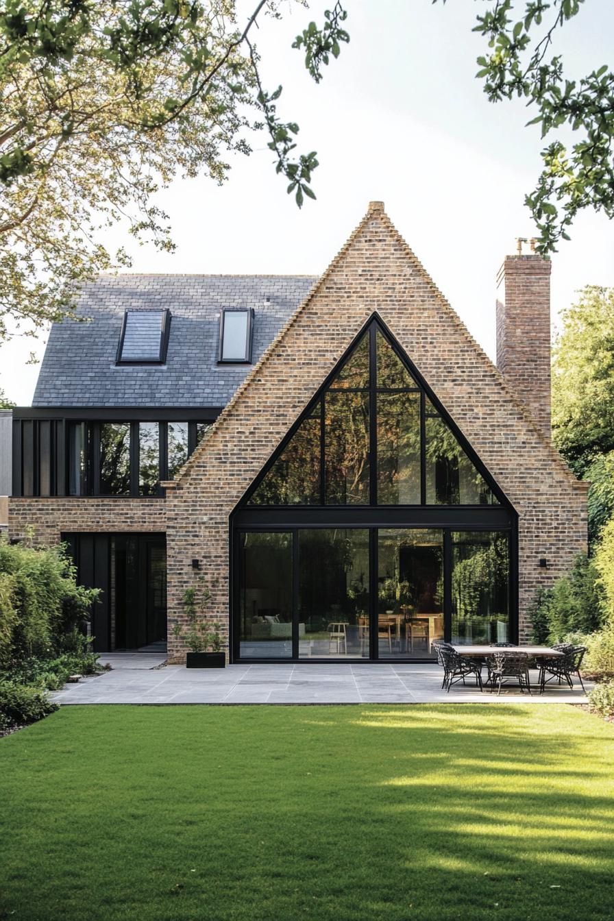 Modern brick house with large windows and lush lawn