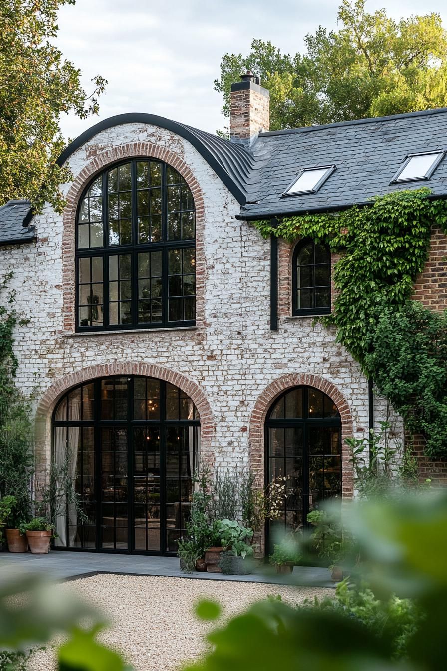 Brick house with grand arched windows and ivy-covered walls