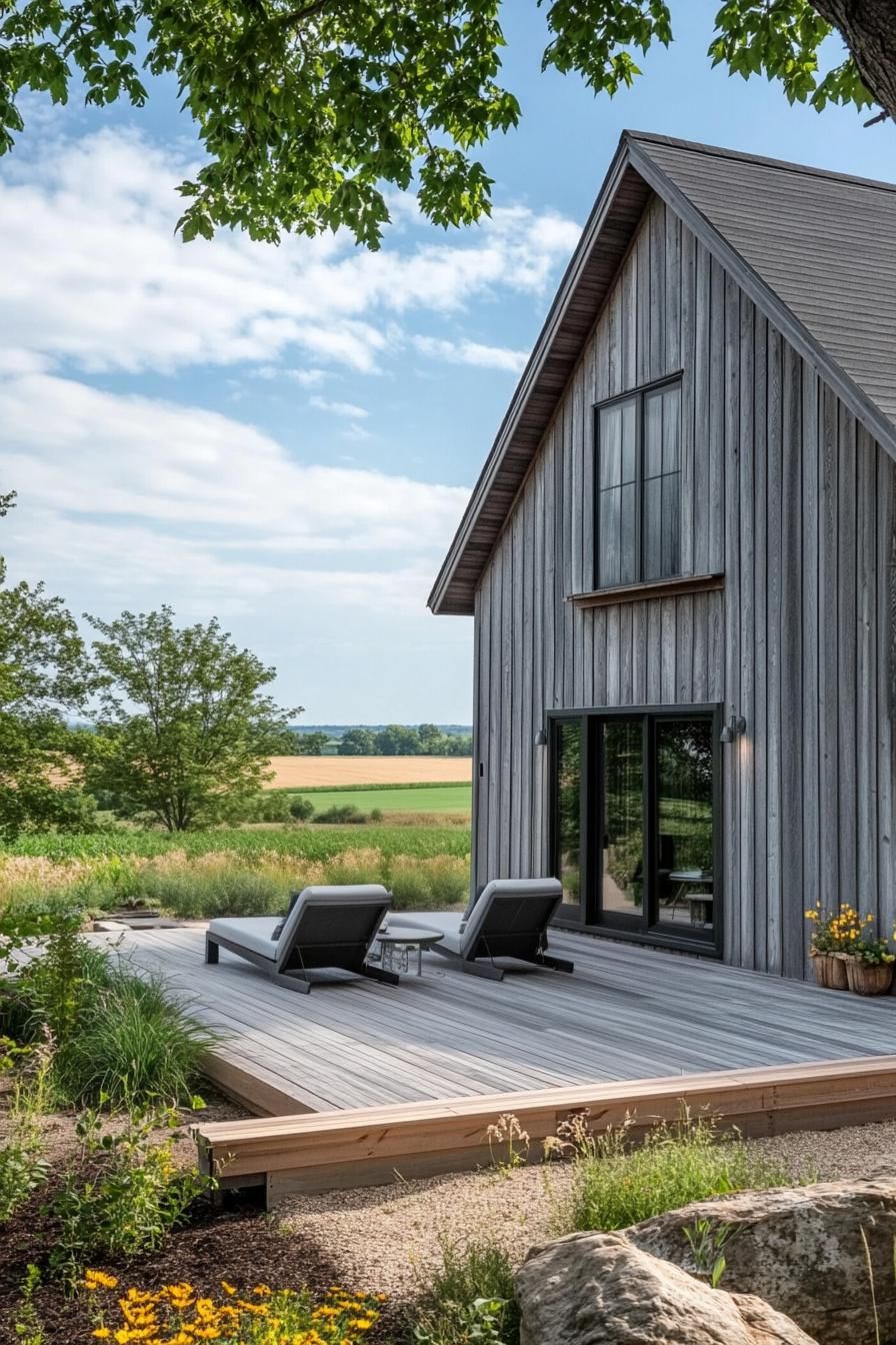 modern barn house with gray timber cladding wooden deck