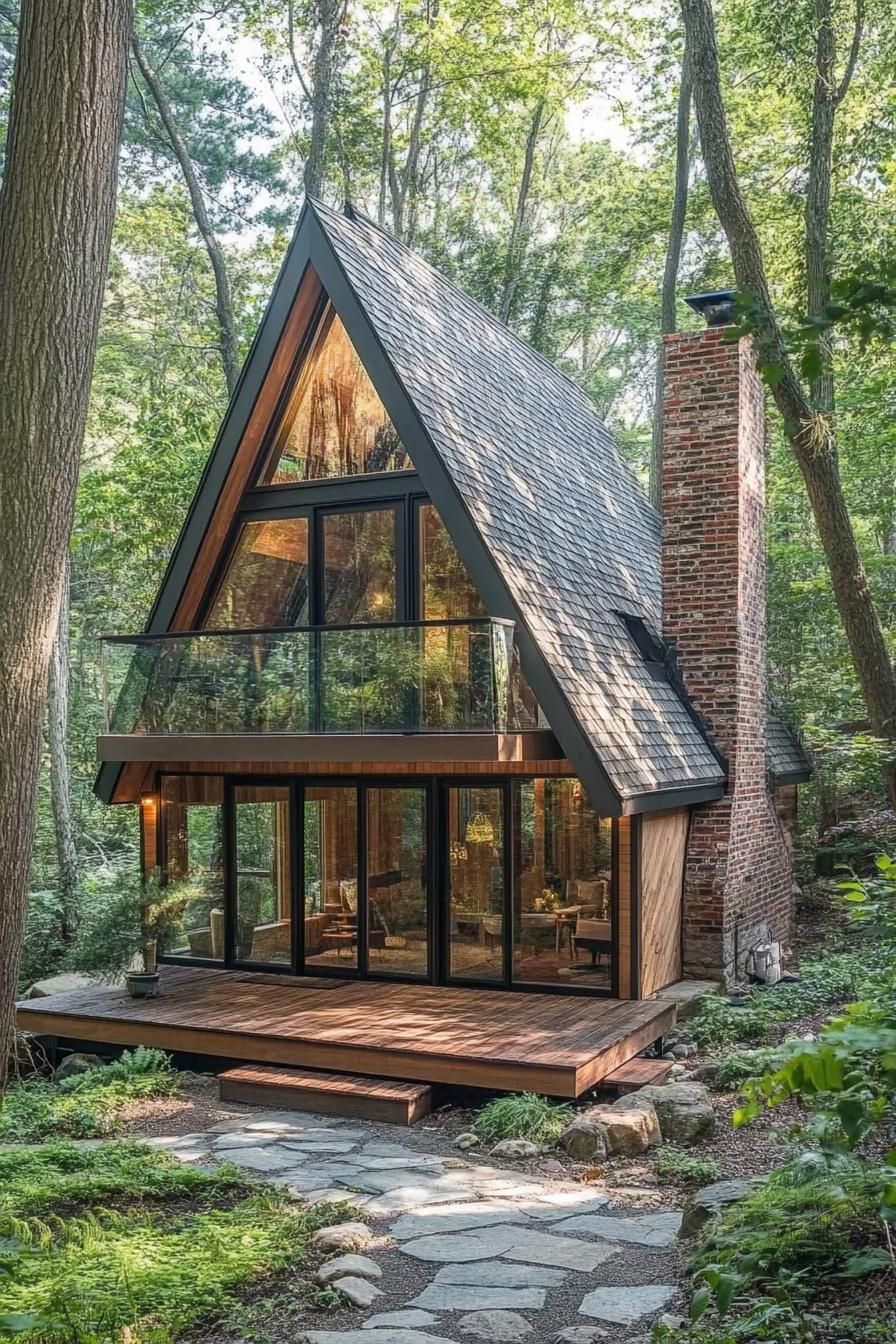 modern tiny a frame cabin with cedar shingle roof brick chimney full wall windows balcony with glass railings small deck stone step forest path