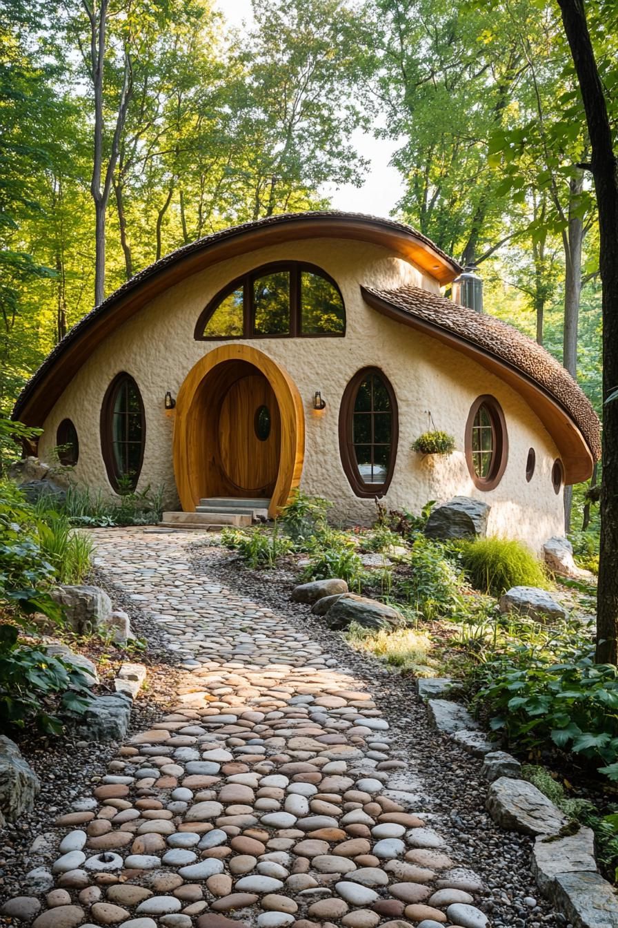 modern cob house with curved facade and round windows arched doors pebble mosaic facade curved wood plank roof front yard with cobblestone path 1