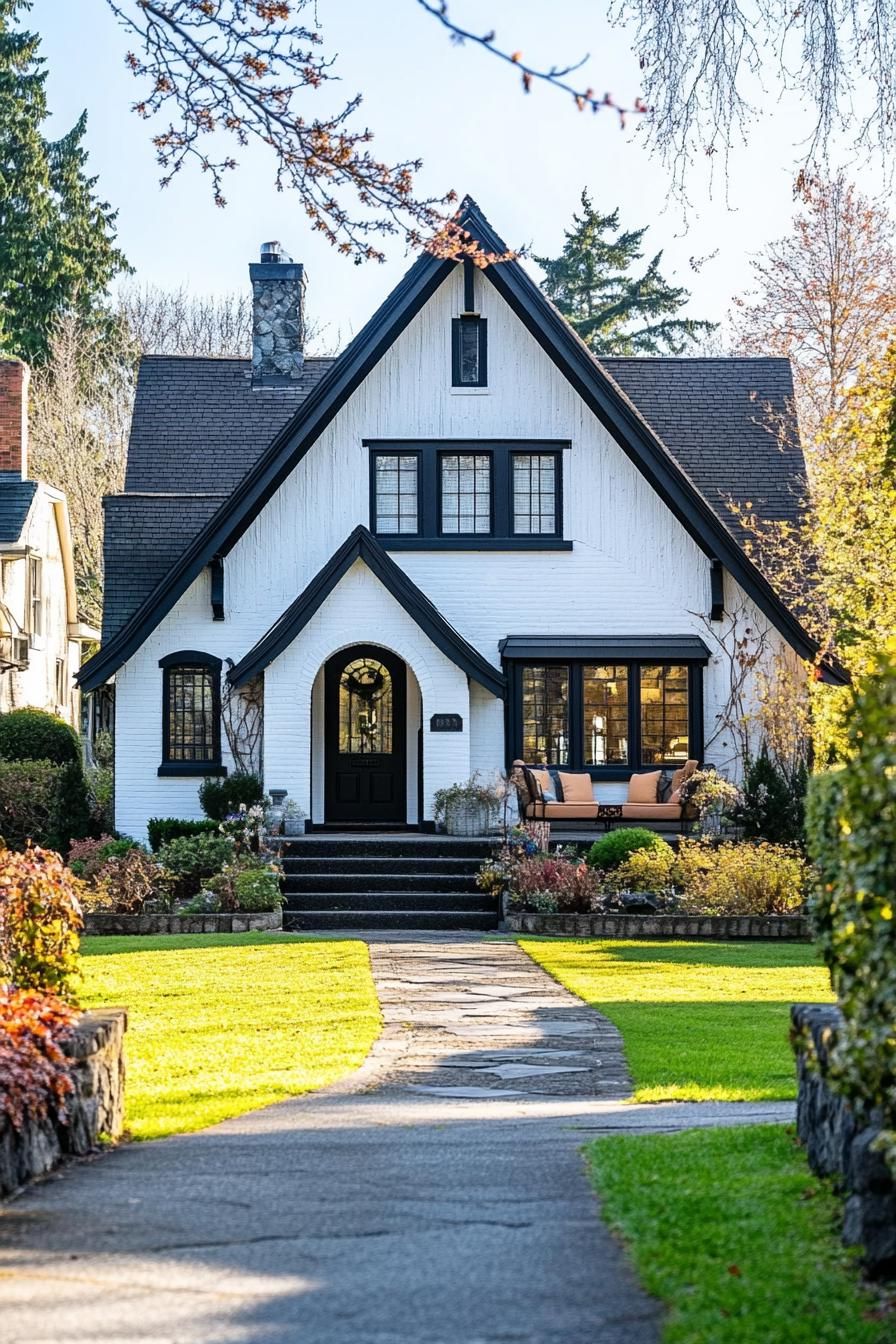 White Tudor house with steep roof and arched doorway