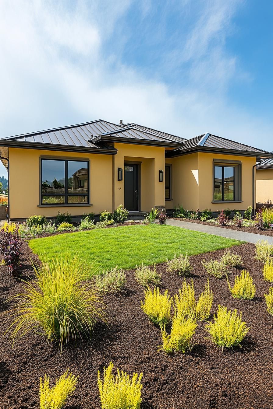 Front view of a modern, single-story house with a lush garden