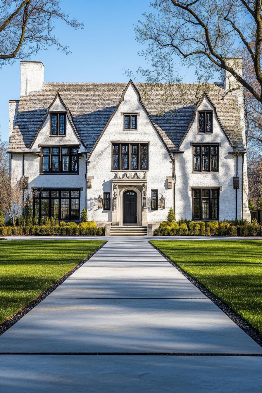 Modern Tudor house with steep gables and manicured lawn