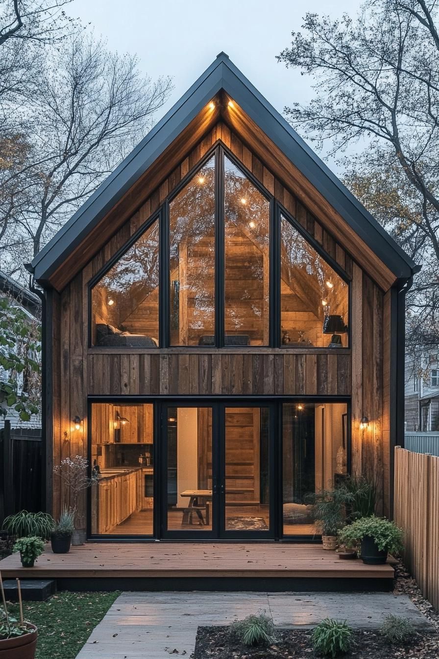 Two-story shed house with large glass windows and natural wood exterior