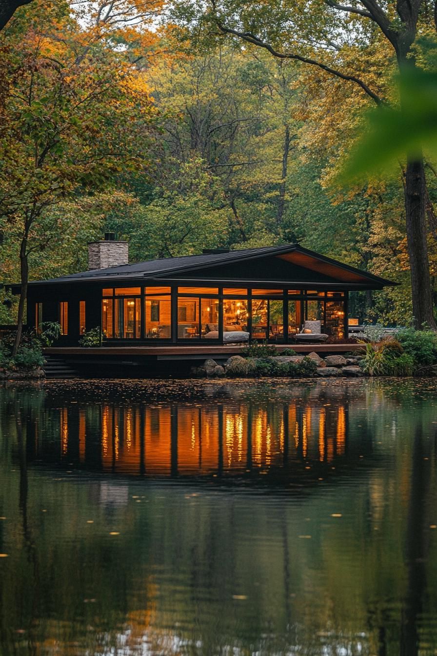 Single-story modern house glowing by a lake