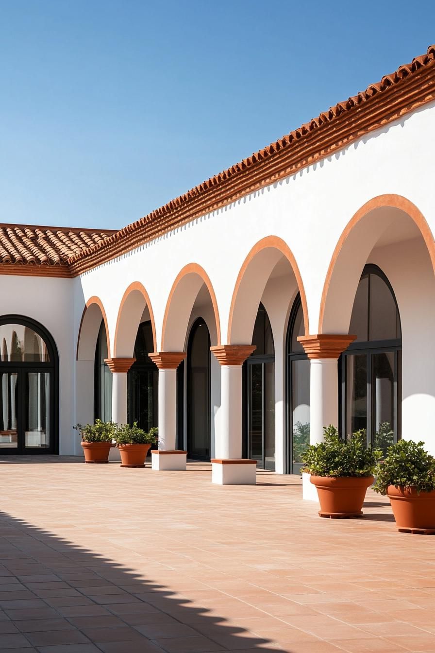 Terracotta arches of a Spanish villa basking in sunlight