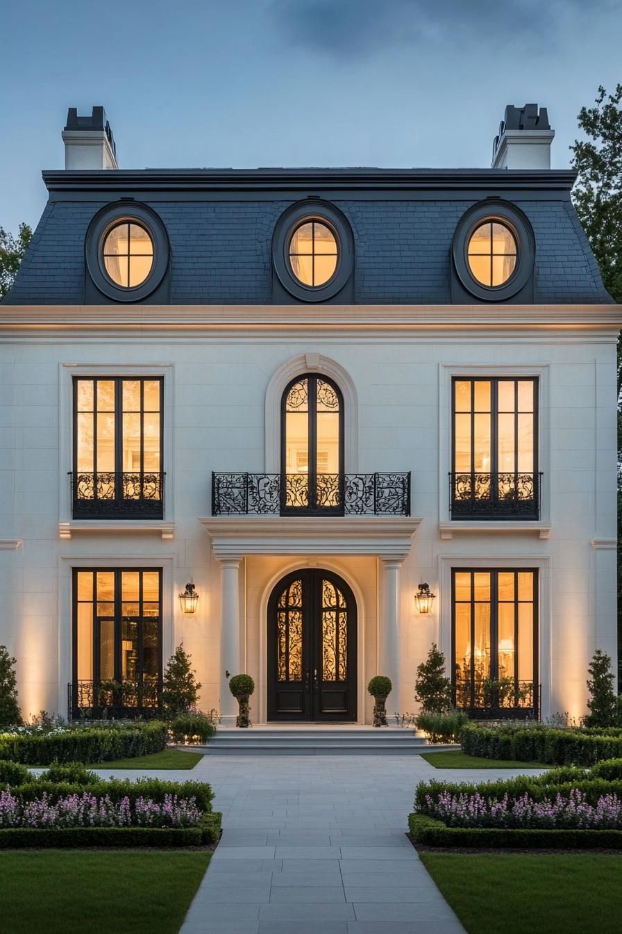 Elegant mansion with large windows and manicured garden