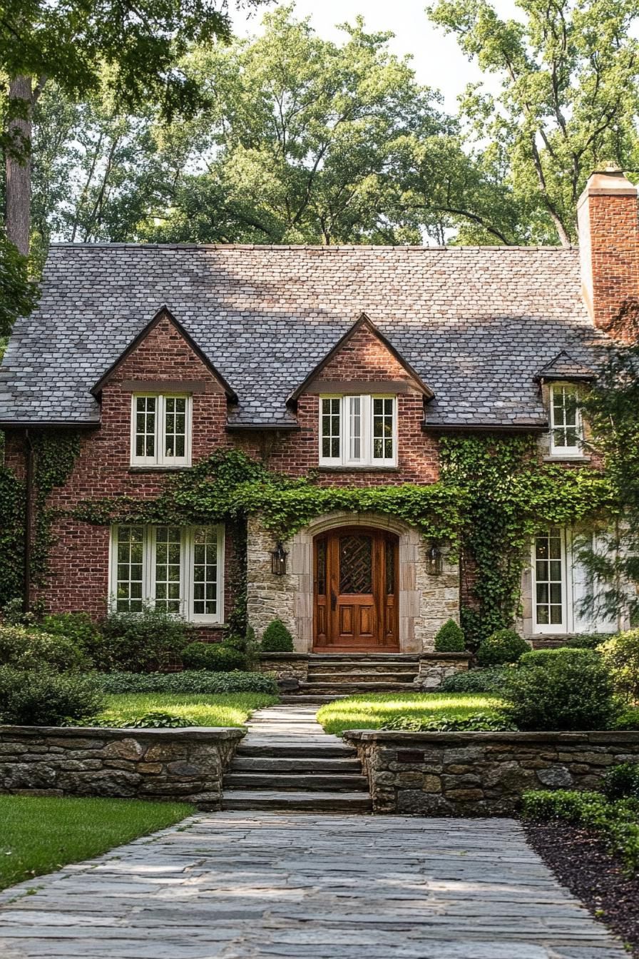 Quaint brick cottage adorned with ivy