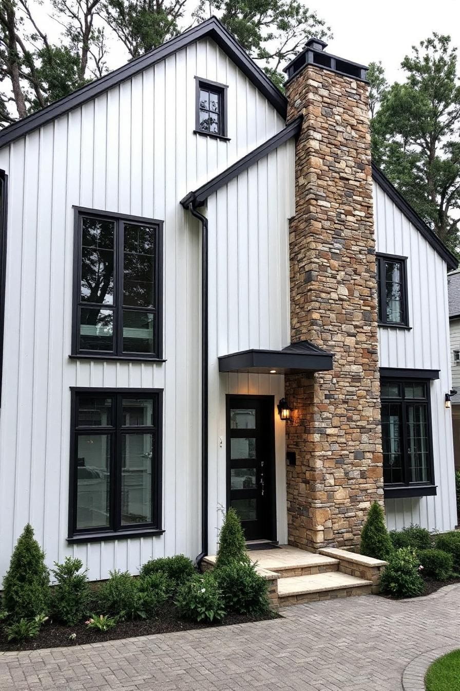 White house with black trim and stone chimney