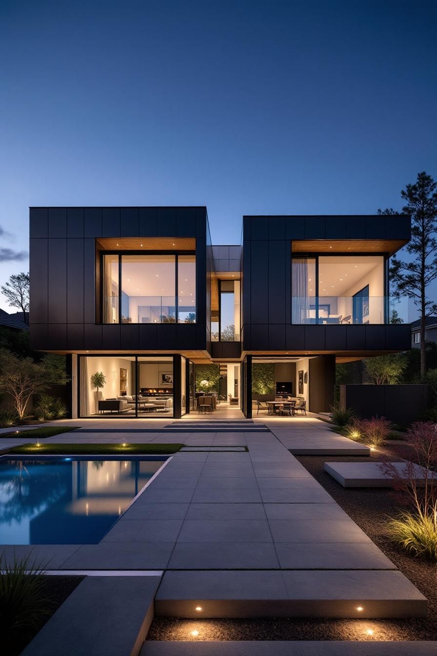 Modern house with large windows, lit up at dusk