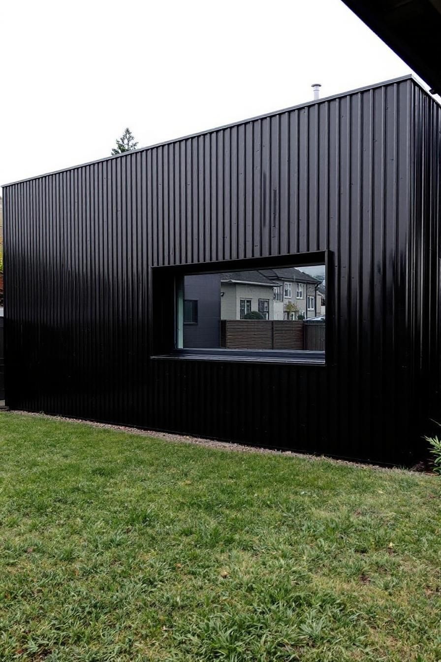 Modern black facade with a large window