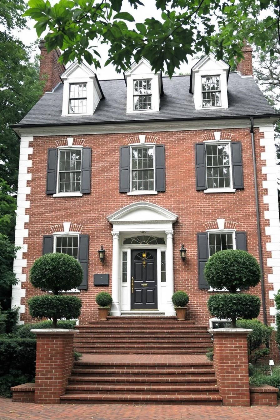 Red brick Georgian house with black shutters