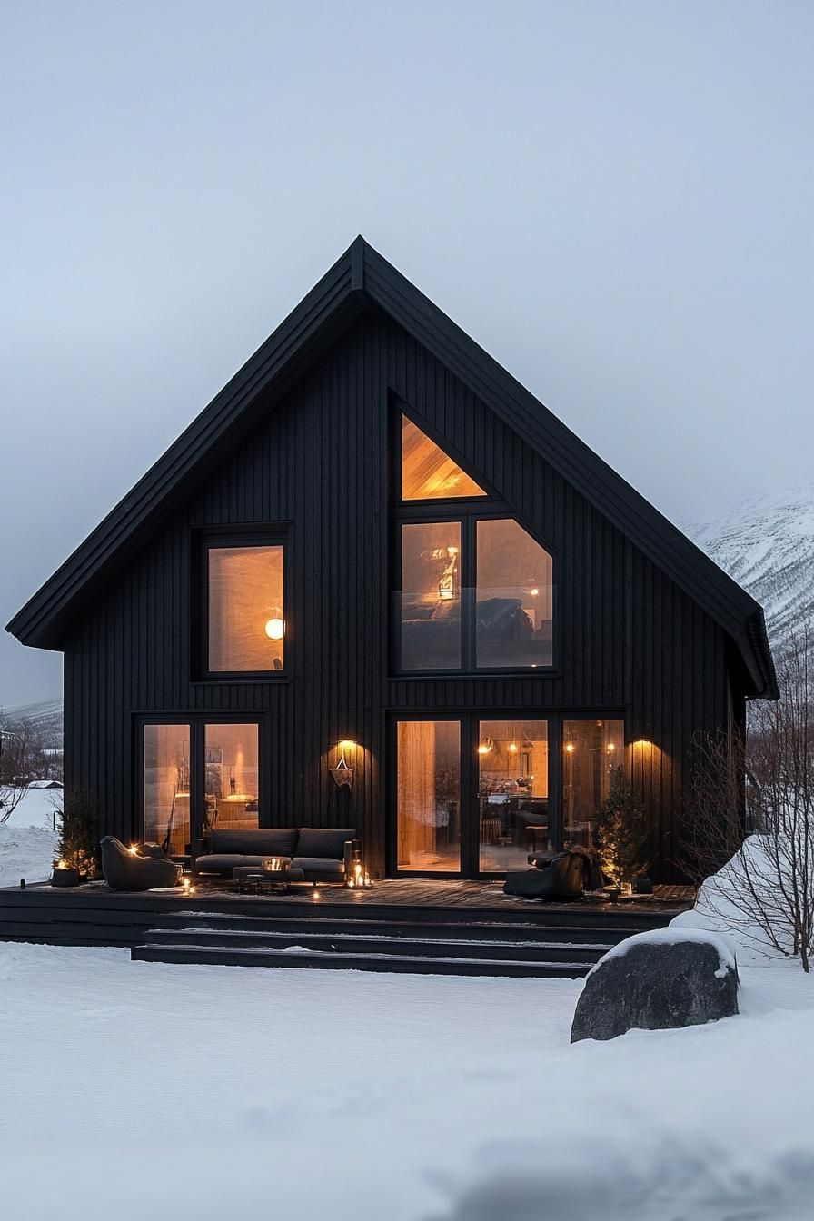 Cozy black cabin with warm glowing windows in the snow