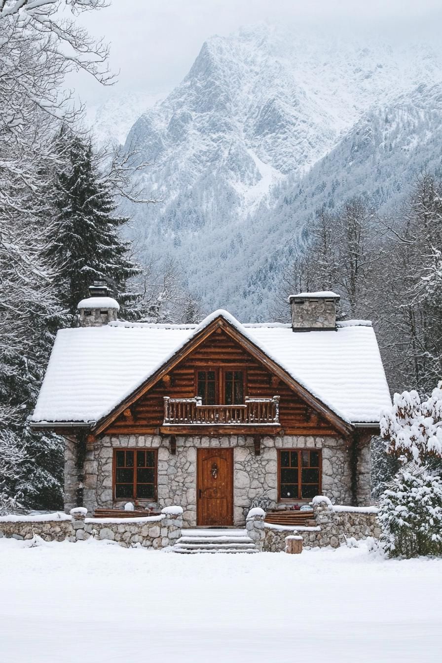 Stone cabin with wooden accents surrounded by snow and mountains