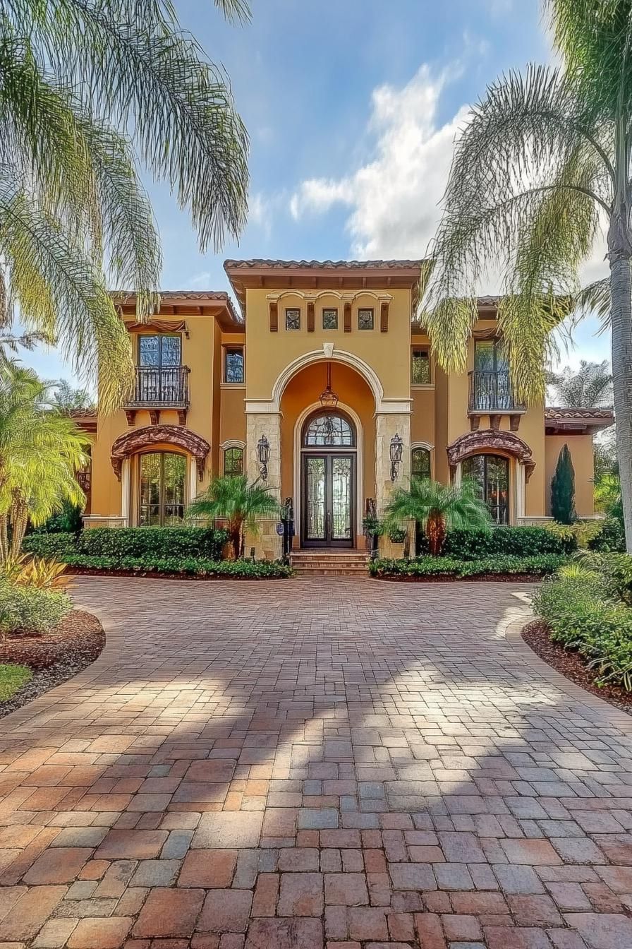 Elegant tropical house with arched entryway and palm trees