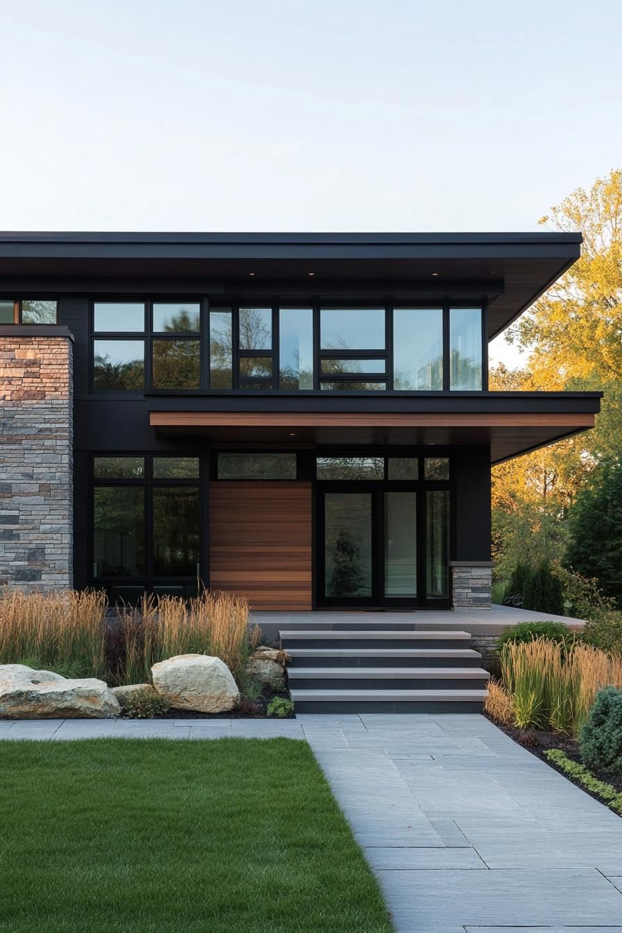 Sleek, modern house with large windows and stone accents